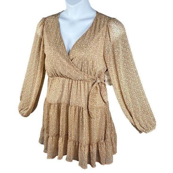 Altard State NWT Womens M Animal Print Ruffle Sheer Tiered Faux Wrap Dress Boho - Picture 7 of 16